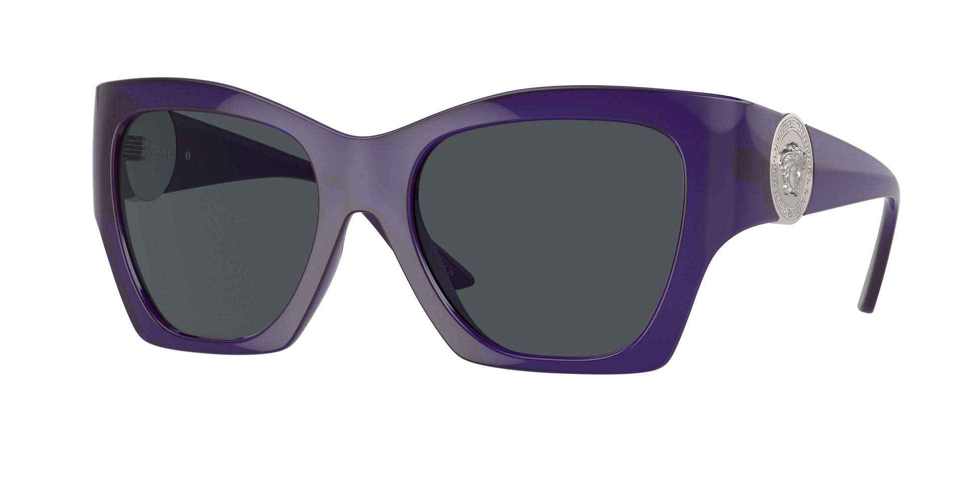 Versace 0VE4452 stylish purple sunglasses with shaded lenses and iconic logo detail on side. Perfect for fashion-forward wear.