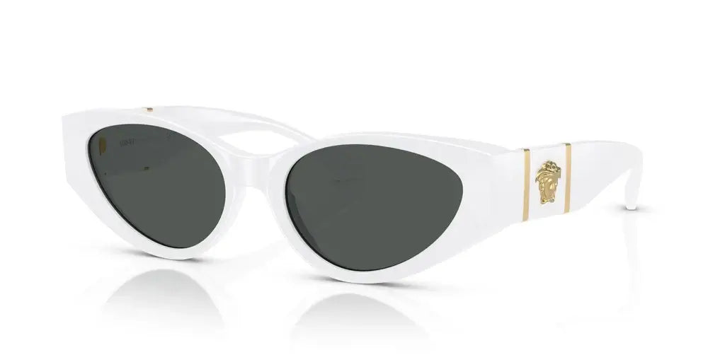Versace 0VE4454 white sunglasses with dark lenses and gold logo detailing, a stylish accessory for fashion-forward looks.