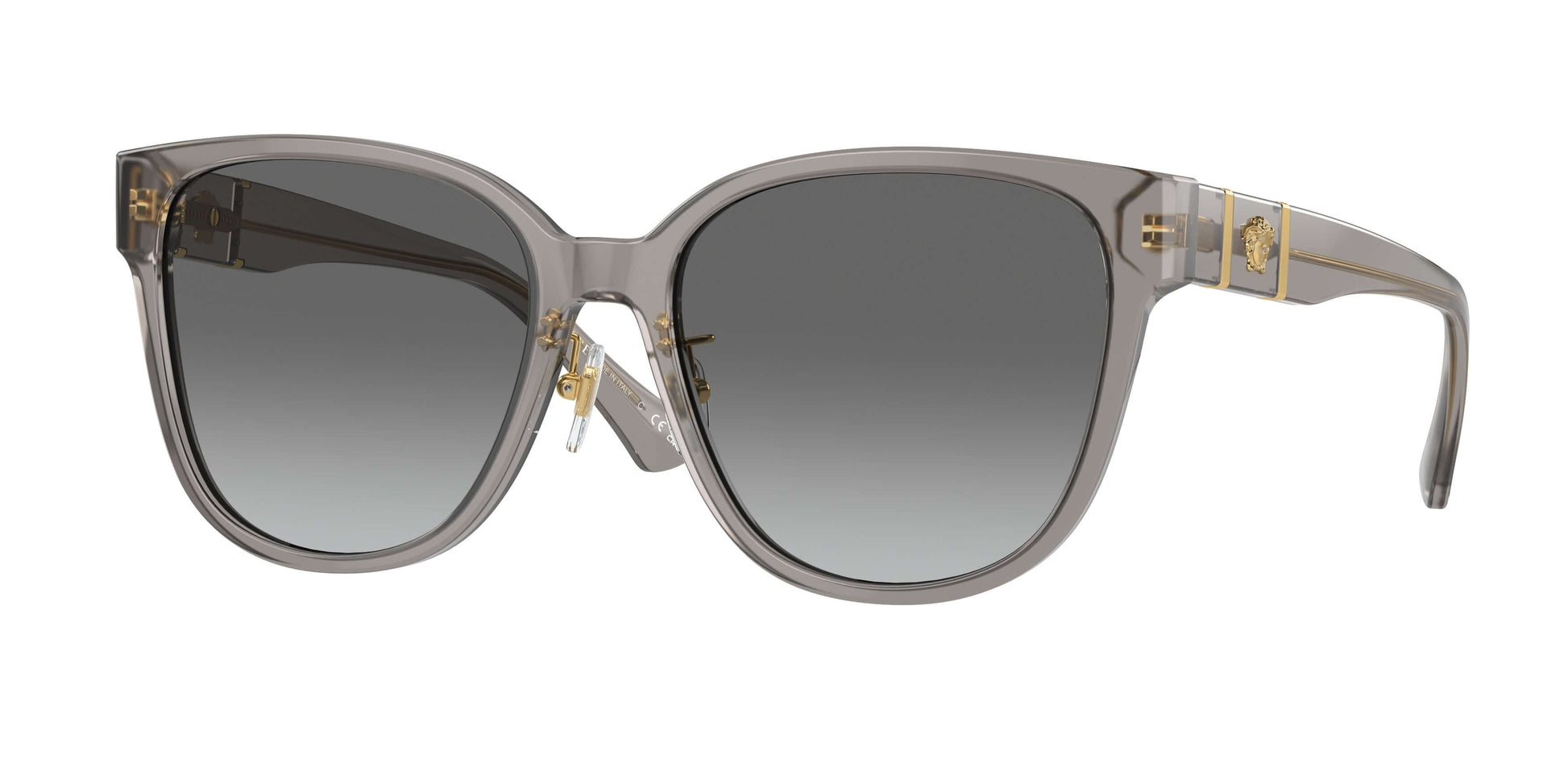 Versace 0VE4460D sunglasses in gray with gold accents and gradient lenses, showcasing luxury and style.
