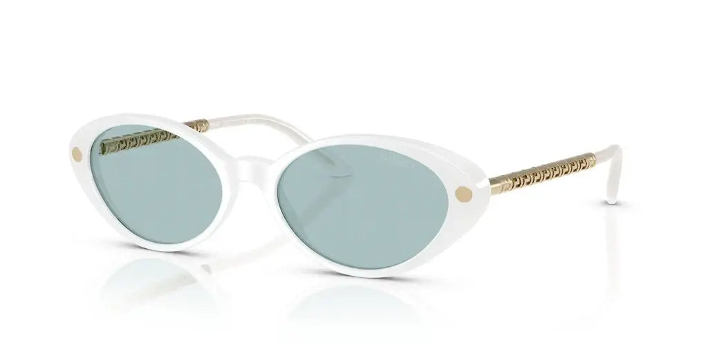 Versace 0VE4469 white cat-eye sunglasses with blue lenses and gold accents, stylish eyewear for trendy looks.