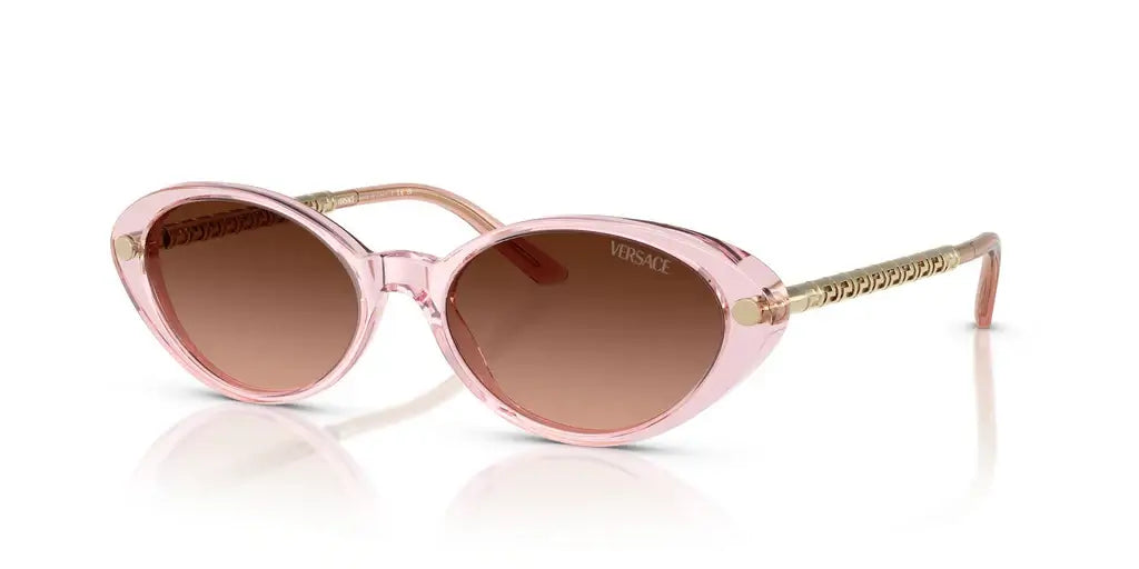 Versace 0VE4469 pink cat-eye sunglasses with brown lenses and gold accents, stylish and trendy eyewear.