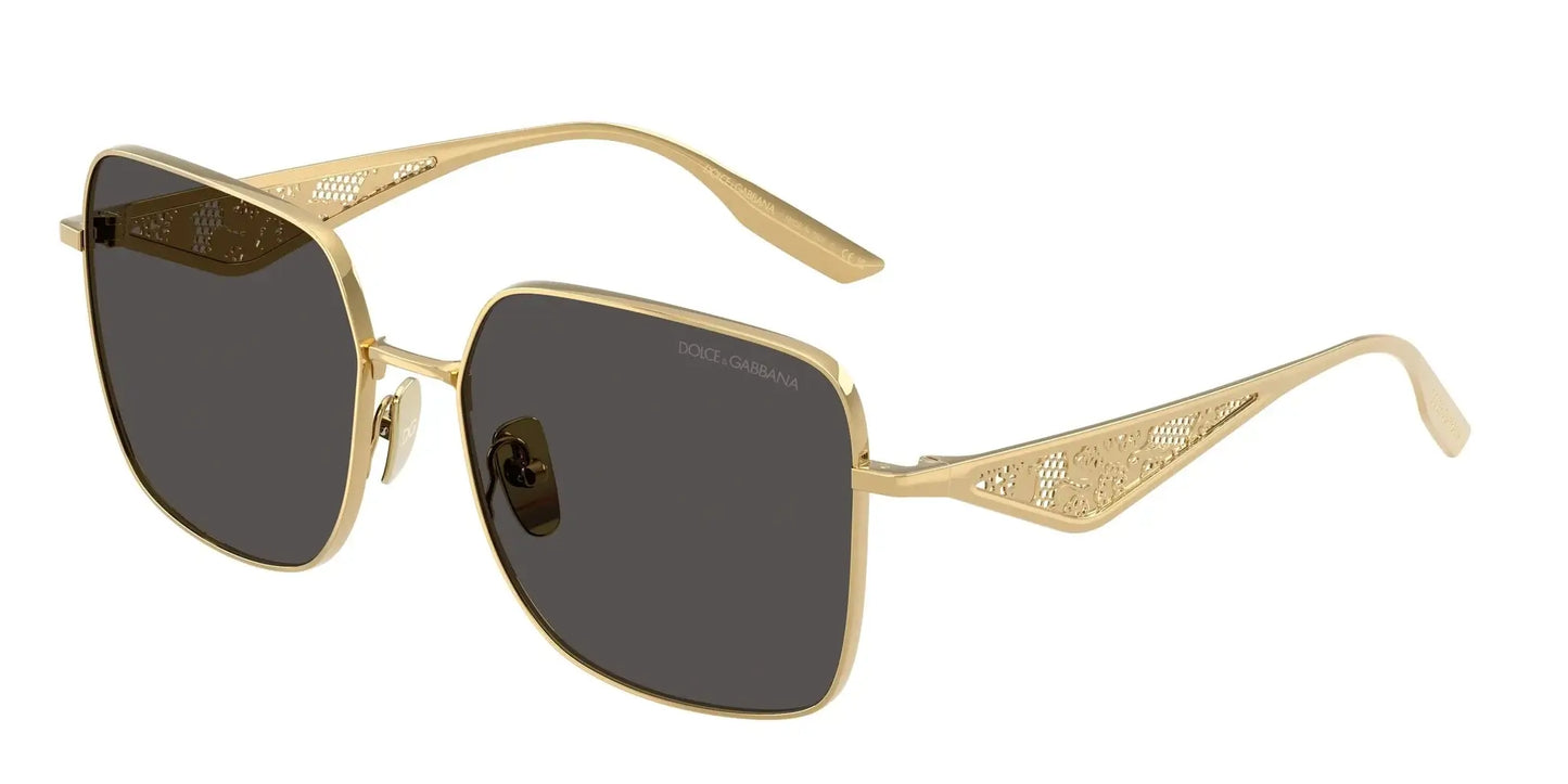 Dolce & Gabbana 0DG2310 sunglasses in gold with black lenses, featuring stylish square frames and detailed temples.