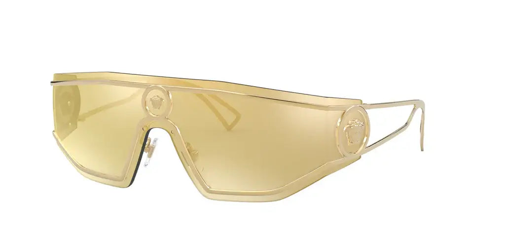 Versace 0VE2226 stylish gold sunglasses featuring a bold, contemporary design and yellow-tinted lenses.