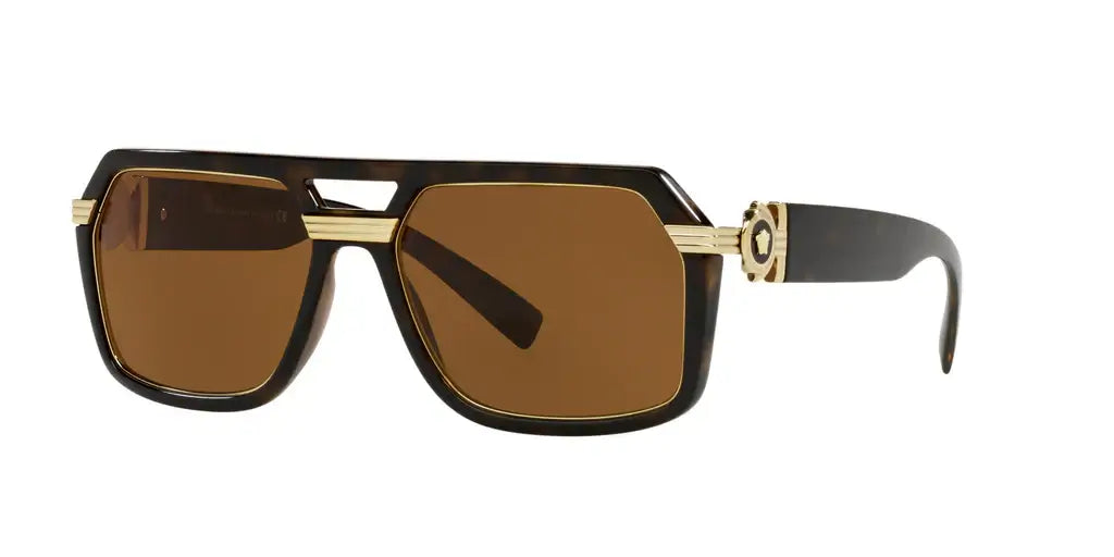 Versace 0VE4399 sunglasses featuring brown lenses and a stylish black and gold frame design.