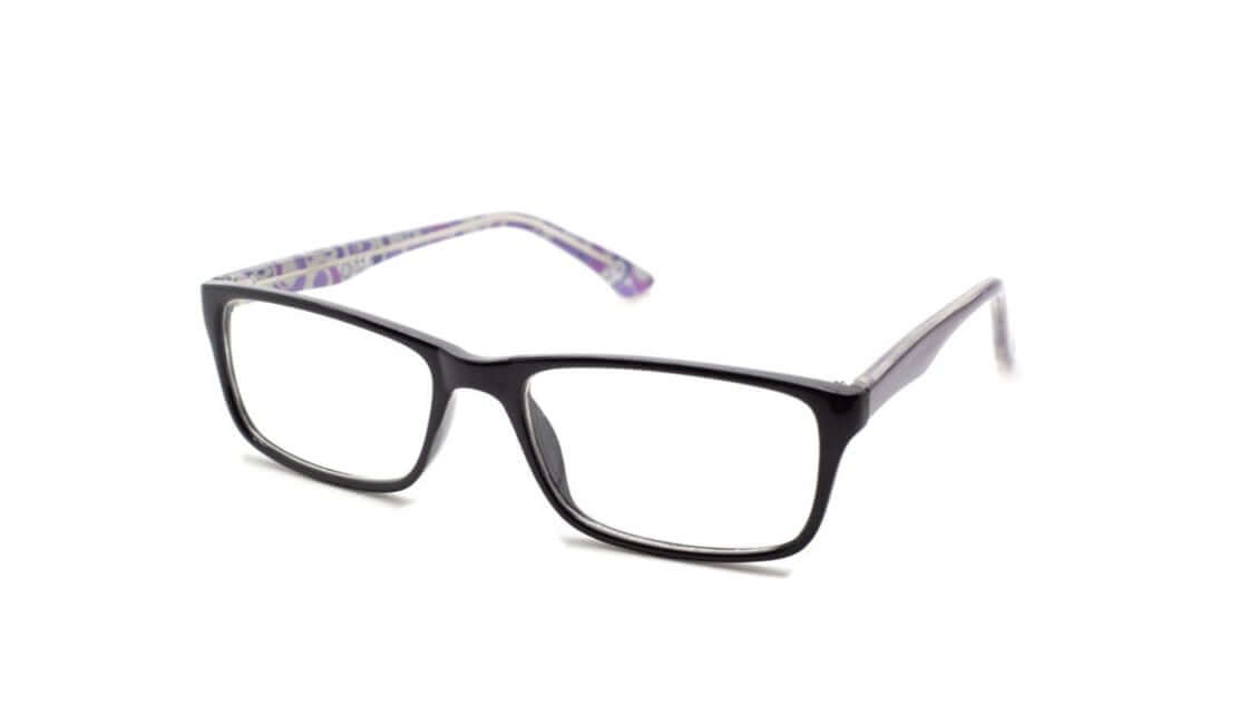 Black prescription glasses with unique patterned temples, stylish and comfortable for everyday wear.