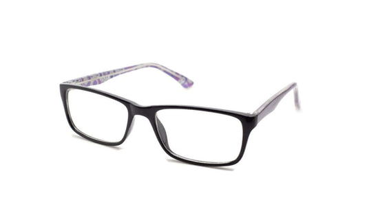 Black prescription glasses with unique patterned temples, stylish and comfortable for everyday wear.