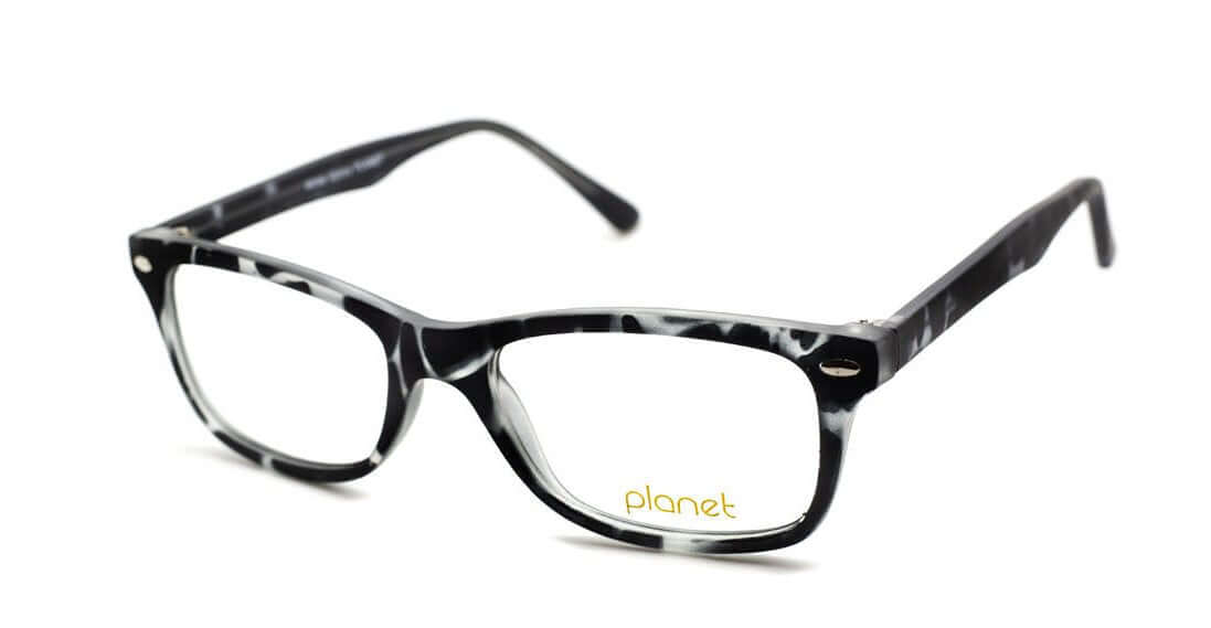 Stylish black and white patterned Planet 47 eyeglasses with logo, perfect for modern eyewear fashion.