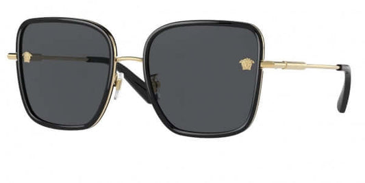 Versace 0VE2247D sunglasses featuring a stylish black and gold frame with square lenses and logo accents.