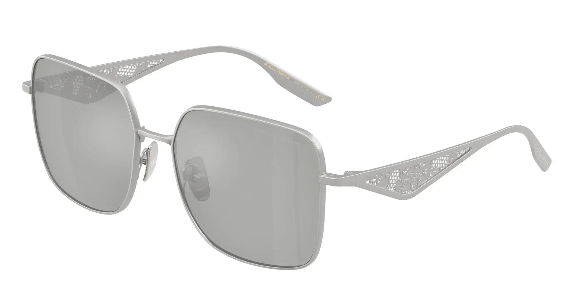 Silver Dolce & Gabbana 0DG2310 sunglasses with stylish square frames and patterned arms.