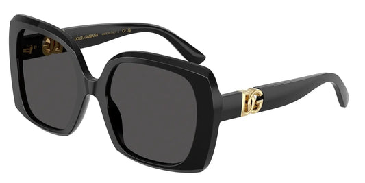 Dolce & Gabbana 0DG4475 oversized black sunglasses with gold logo detail, stylish and luxurious eyewear.