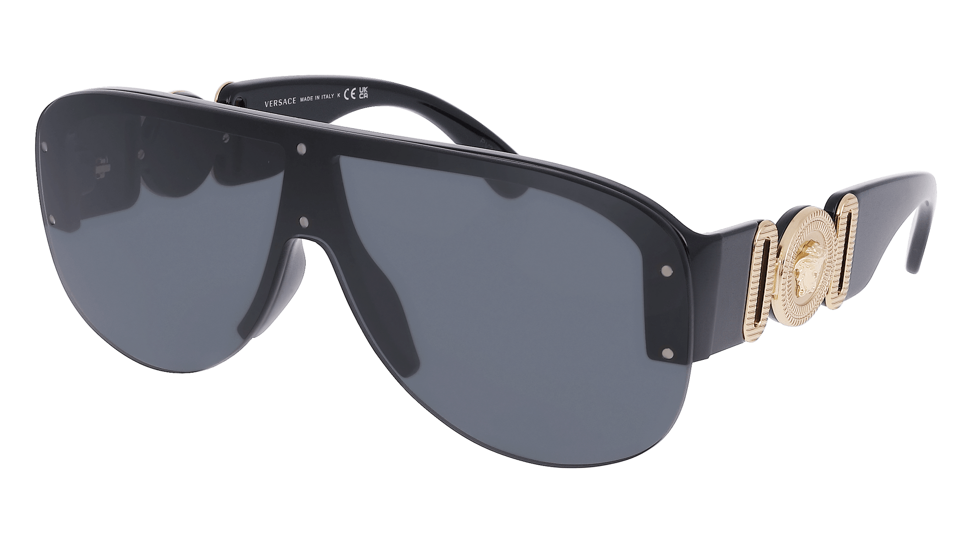 Versace 0VE4391 sunglasses featuring a bold black frame and luxurious gold emblem accents for a glamorous look.