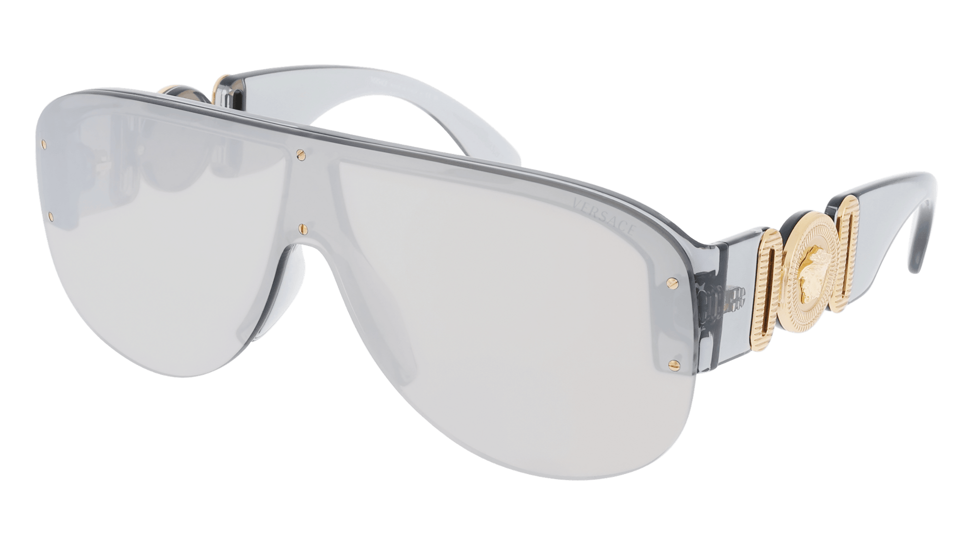 Versace 0VE4391 sunglasses featuring a stylish gray frame and bold golden emblem for a luxurious look.