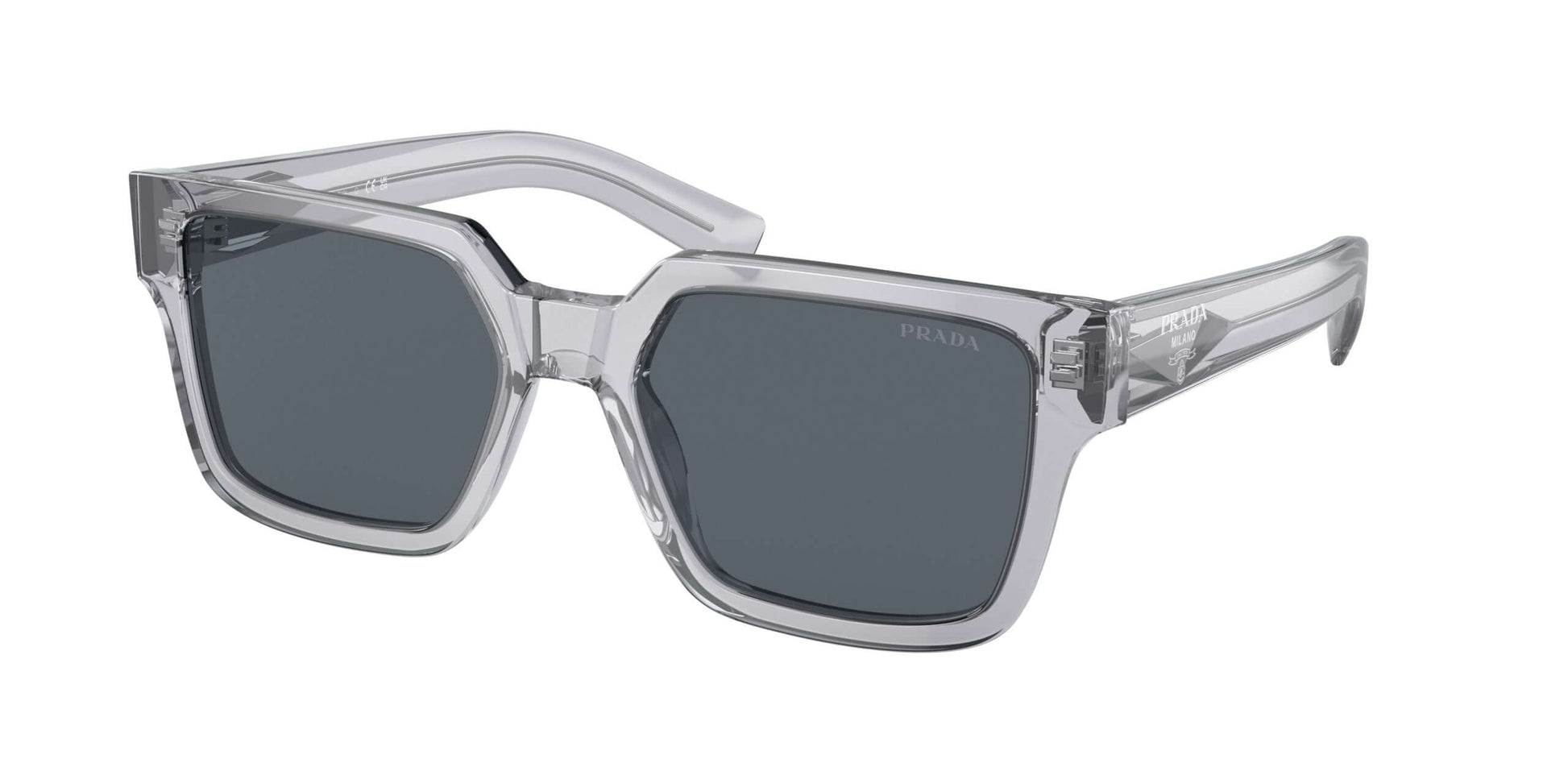 PRADA 0PR 03ZS stylish sunglasses with gray lenses and transparent frames for modern fashion.