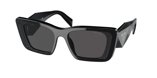 PRADA 0PR 08YS stylish black sunglasses featuring oversized geometric frames and dark lenses, perfect for fashion enthusiasts.