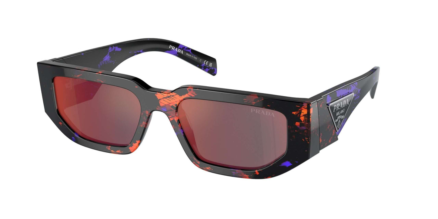 PRADA 0PR 09ZS sunglasses featuring bold black frame with colorful splatter design and gradient red lenses.