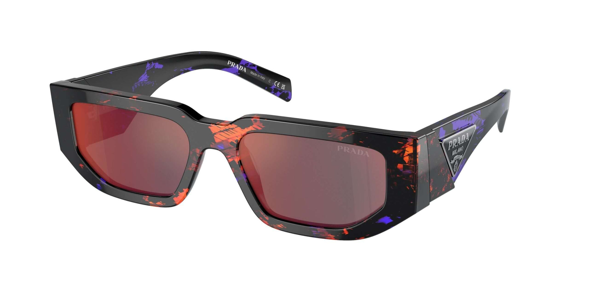 PRADA 0PR 09ZS sunglasses featuring bold black frame with colorful splatter design and gradient red lenses.