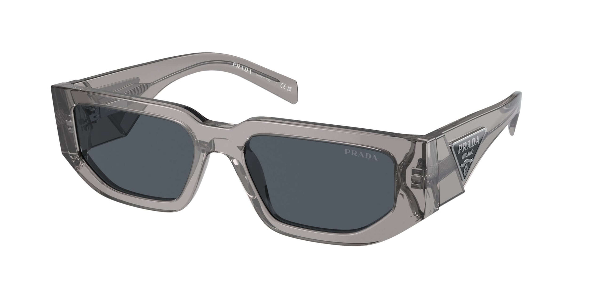 PRADA 0PR 09ZS sunglasses featuring a stylish gray frame and dark lenses, perfect for a trendy look.