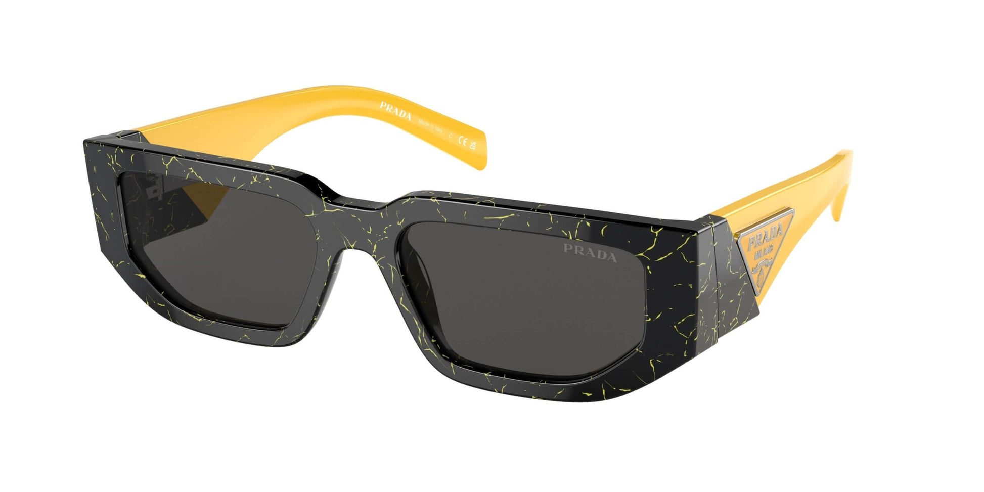 PRADA 0PR 09ZS sunglasses featuring bold black and yellow design with a stylish, oversized frame.