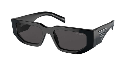 PRADA 0PR 09ZS black sunglasses with geometric frame and logo detail. Stylish eyewear for fashion-forward individuals.