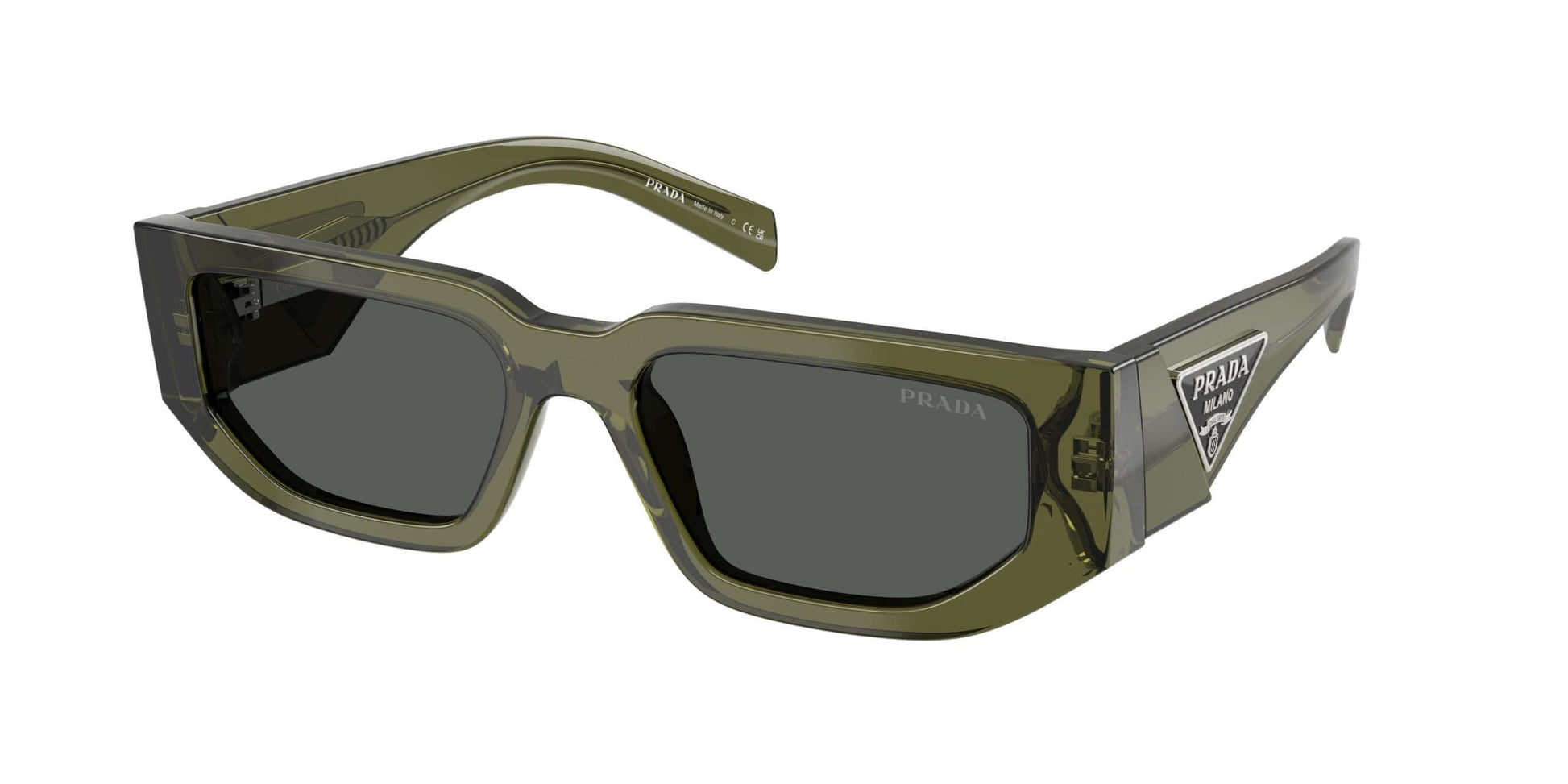 PRADA 0PR 09ZS sunglasses in olive green, featuring a stylish oversized design and logo detailing.