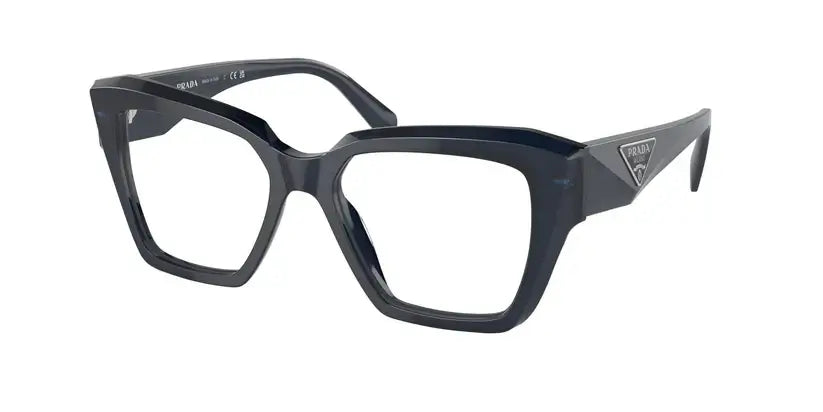 PRADA 0PR 09ZV stylish black eyeglasses with bold square frames and logo detail, perfect for fashion-forward looks.