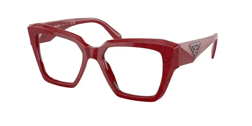 PRADA 0PR 09ZV red cat-eye glasses with chunky frames and logo detailing, stylish eyewear for fashion-forward individuals.
