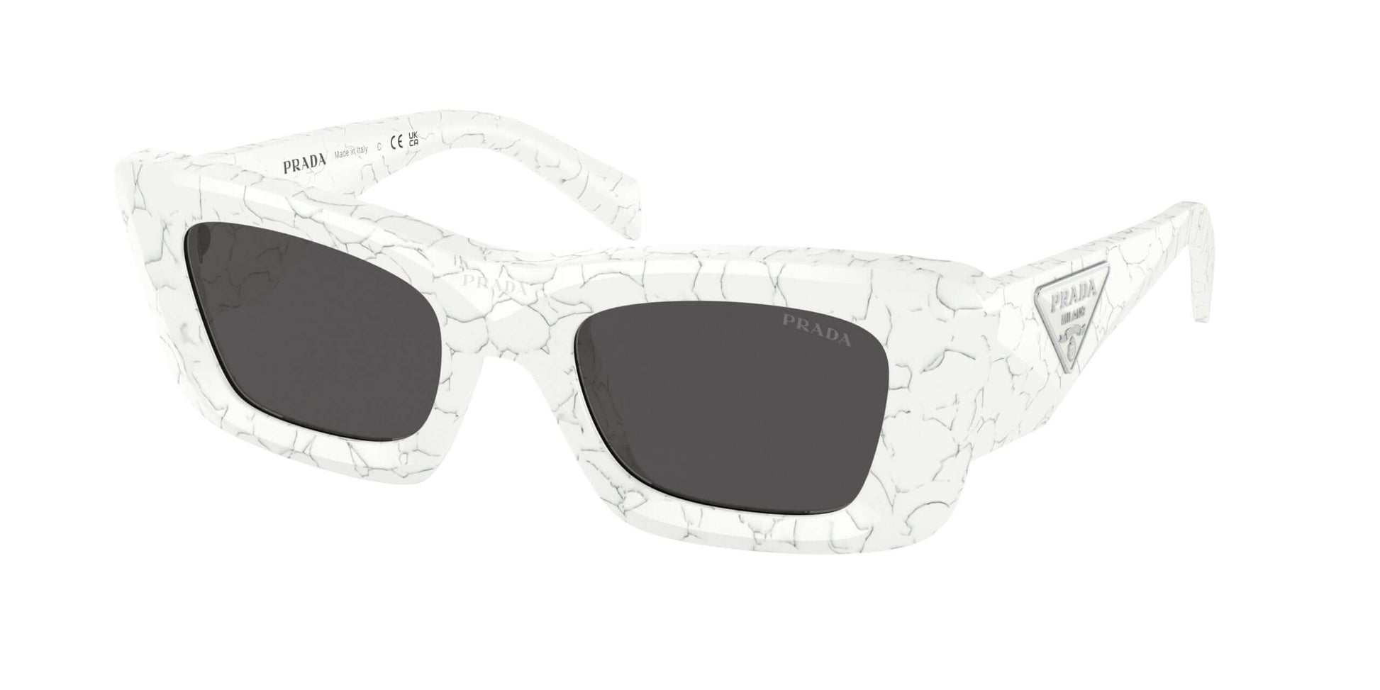 PRADA 0PR 13ZS stylish white sunglasses with black lenses, featuring a unique cracked design for a modern look.