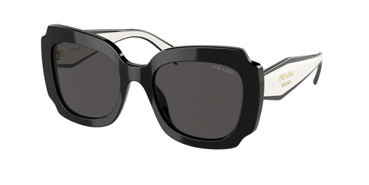 PRADA 0PR 16YS oversized black sunglasses with stylish white arms and gold detailing. Perfect for fashion-forward looks.