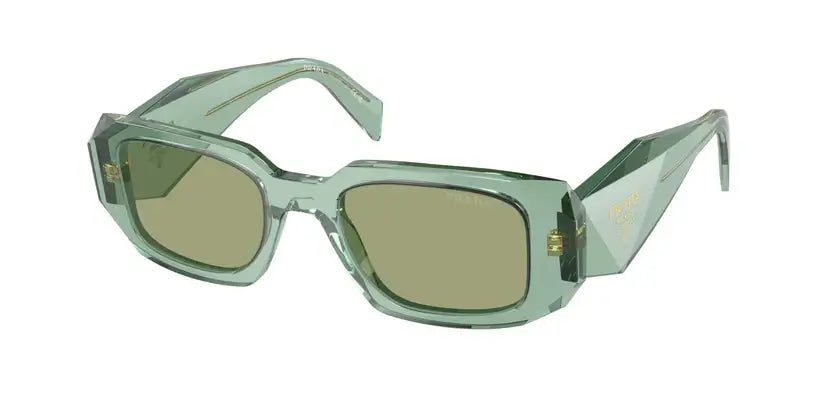 PRADA 0PR 17WS transparent sunglasses with green tint, stylish oversized square frames for a trendy look.