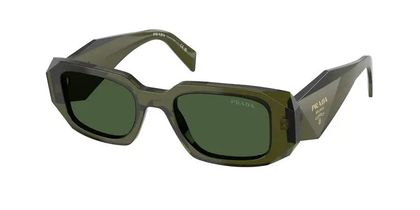 PRADA 0PR 17WS Transparent sunglasses featuring a bold octagonal frame and dark green lenses. Stylish eyewear accessory.