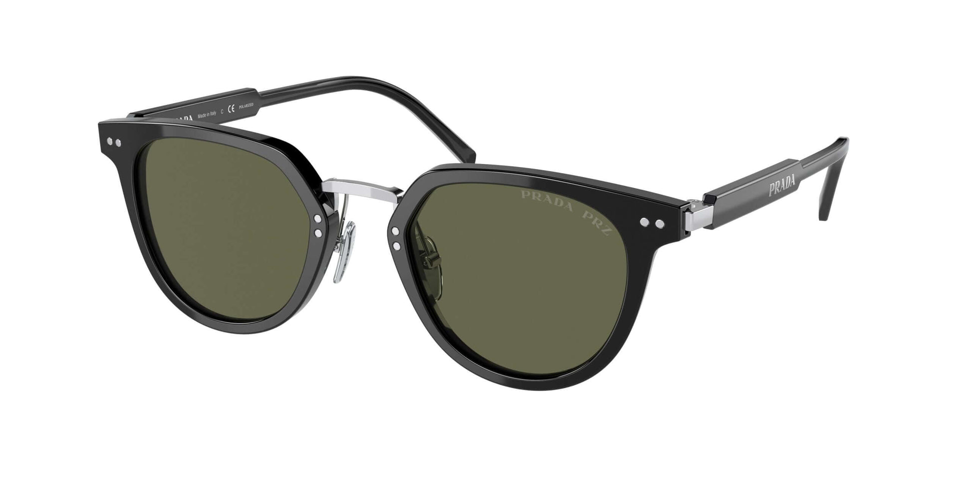 PRADA 0PR 17YS sunglasses with black frames and green lenses, showcasing a trendy cat-eye design.