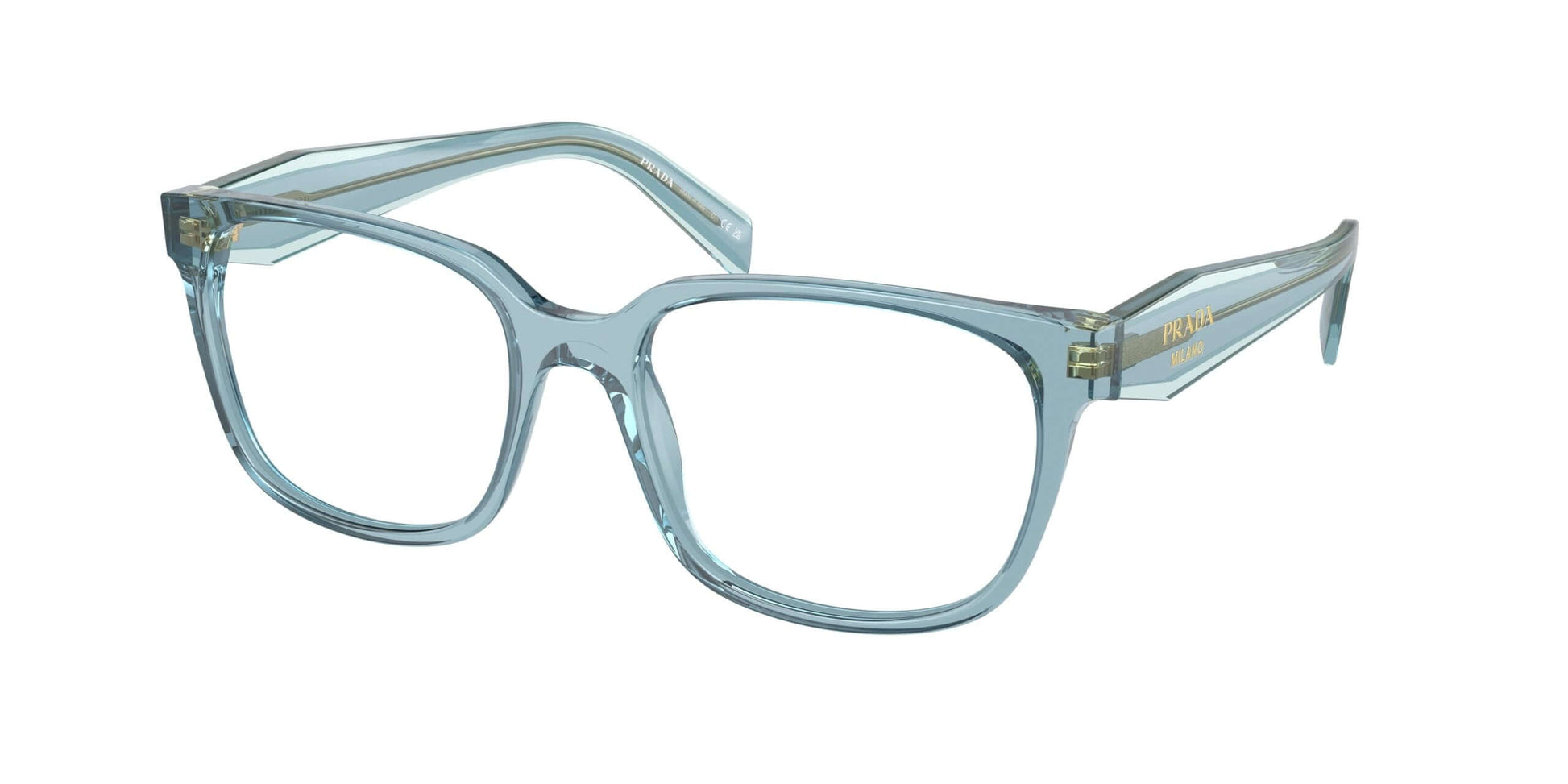 Prada 0PR 17ZV blue oversized eyeglasses with stylish transparent frames and gold detailing.