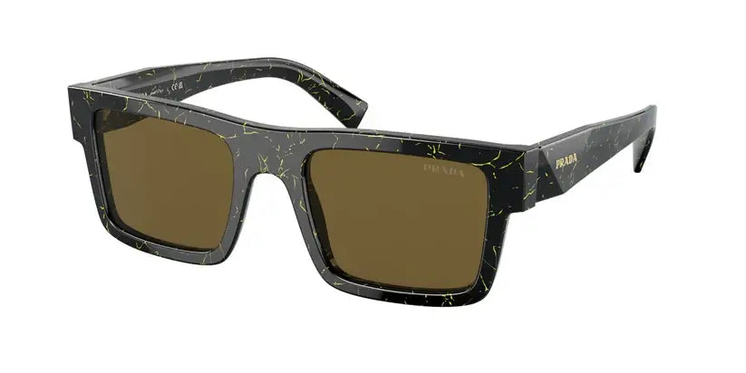 PRADA 0PR 19WS sunglasses featuring a unique black and green patterned frame with brown lenses. Stylish eyewear for modern fashion.
