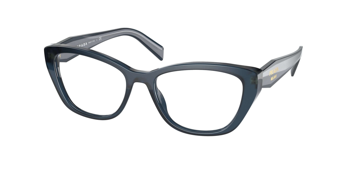 Prada 0PR 19WV stylish cat-eye glasses in dark blue with sleek design and signature branding on the temples.