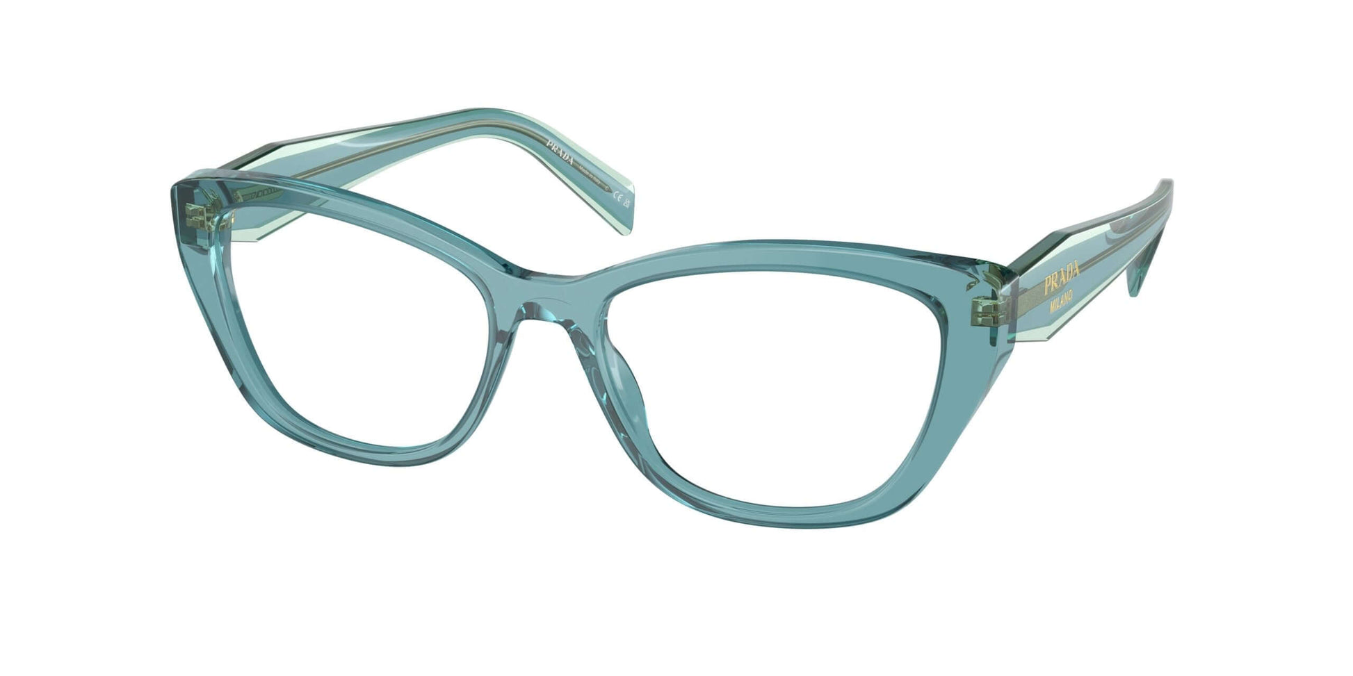 Prada 0PR 19WV stylish cat-eye glasses in translucent blue, featuring sleek design and elegant frame details.