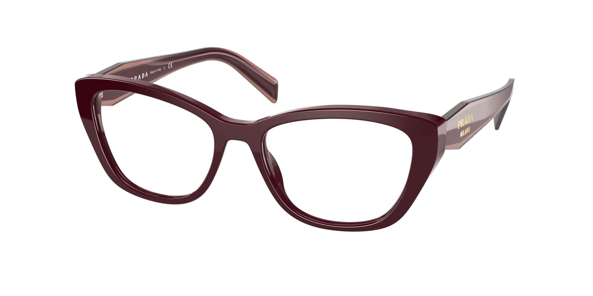 Prada 0PR 19WV eyeglasses in deep burgundy color with stylish cat-eye design and logo detailing on the temple.