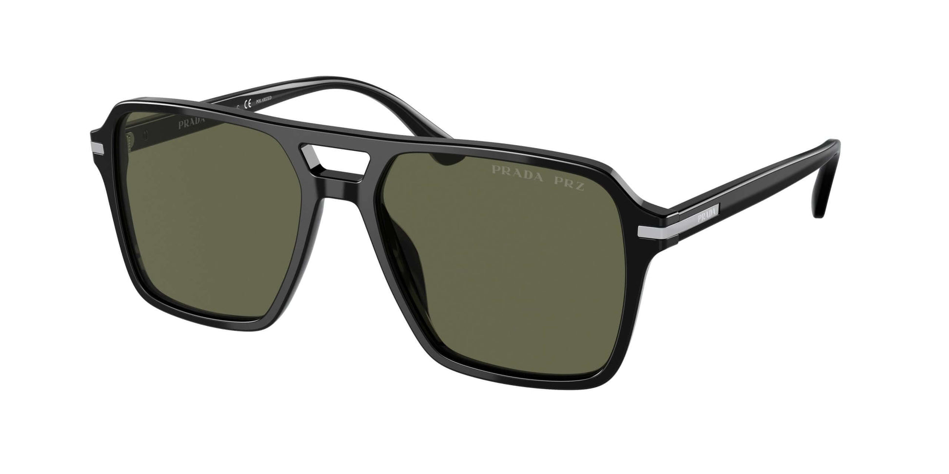 PRADA 0PR 20YS sunglasses featuring stylish black frames and green lenses for a modern look.