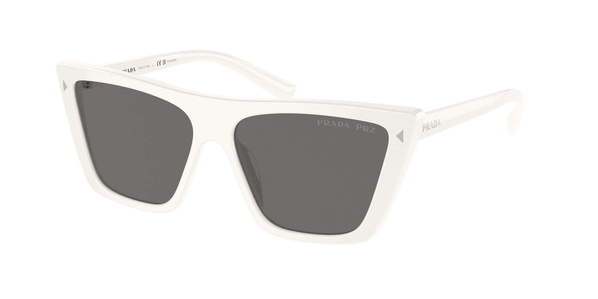 PRADA 0PR 21ZS white sunglasses with gray lenses, stylish and trendy eyewear for modern fashion.