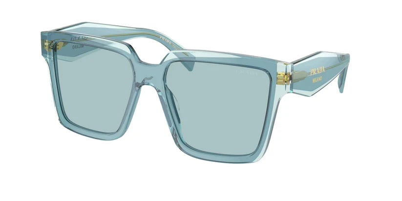 PRADA 0PR 24ZS sunglasses in a stylish light blue frame, showcasing modern design and luxury eyewear aesthetics.