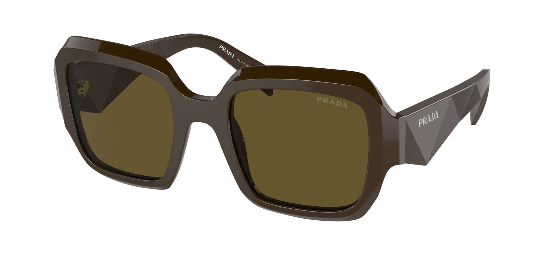 PRADA 0PR 28ZS designer sunglasses in brown with large square frames and tinted lenses, perfect for stylish sun protection.