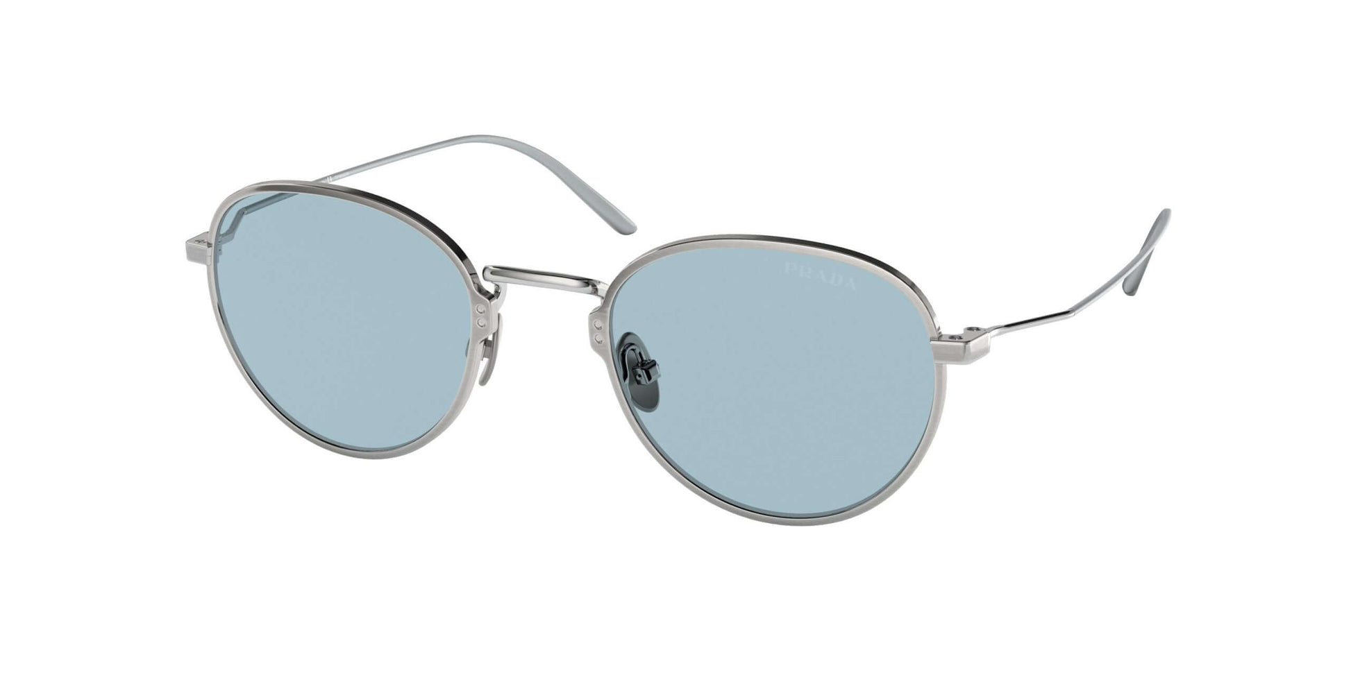 PRADA 0PR 53WS sunglasses with silver frames and blue-tinted lenses, stylish eyewear for a modern look.