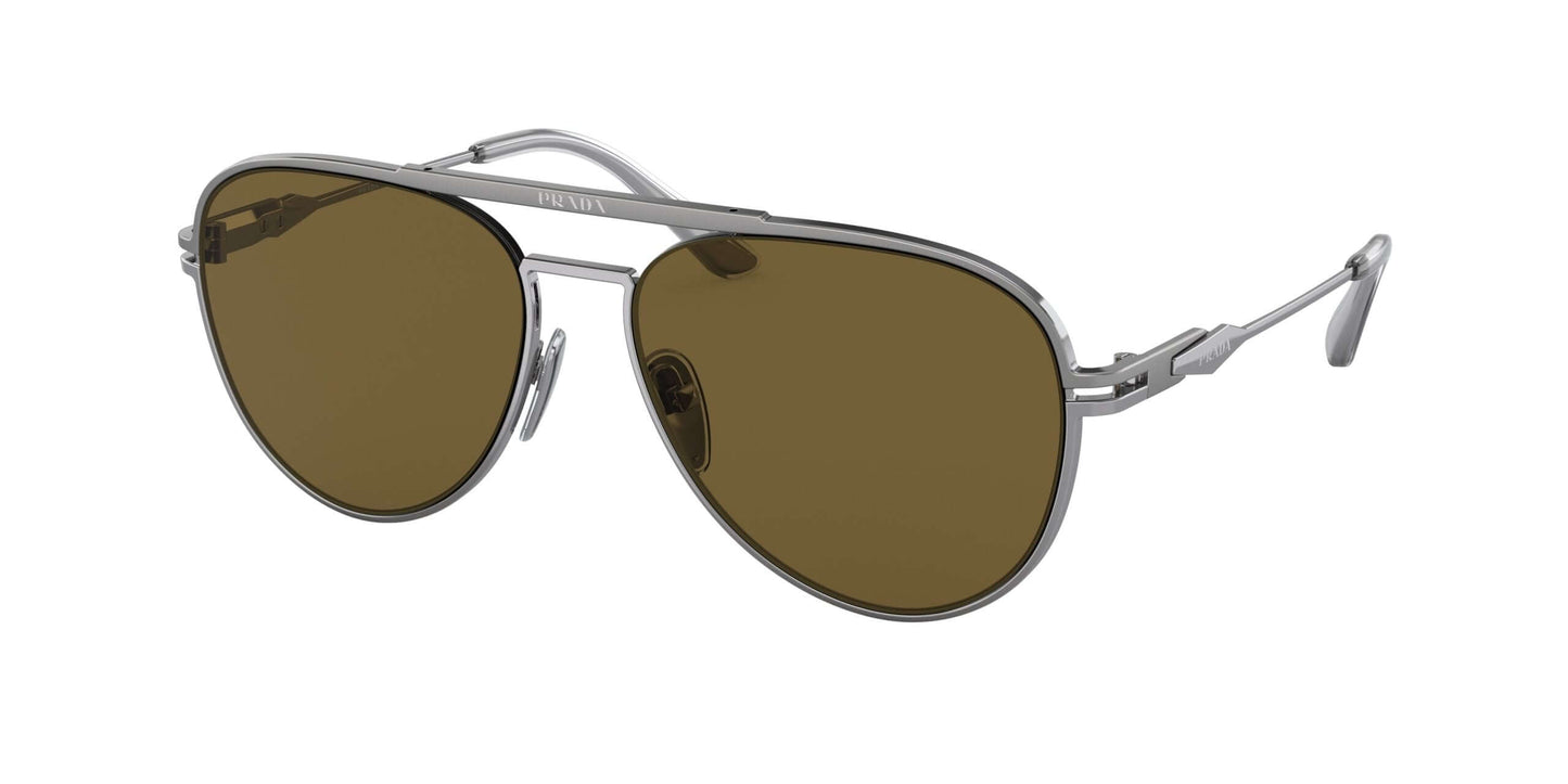 PRADA 0PR 54ZS sunglasses featuring a sleek silver frame and brown lenses, perfect for stylish sun protection.