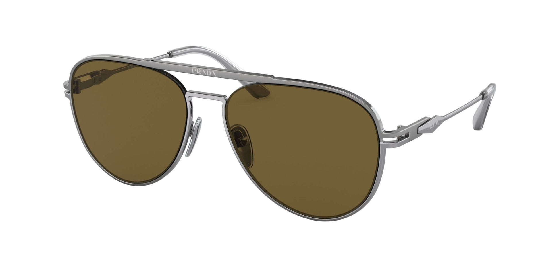 PRADA 0PR 54ZS sunglasses featuring a sleek silver frame and brown lenses, perfect for stylish sun protection.