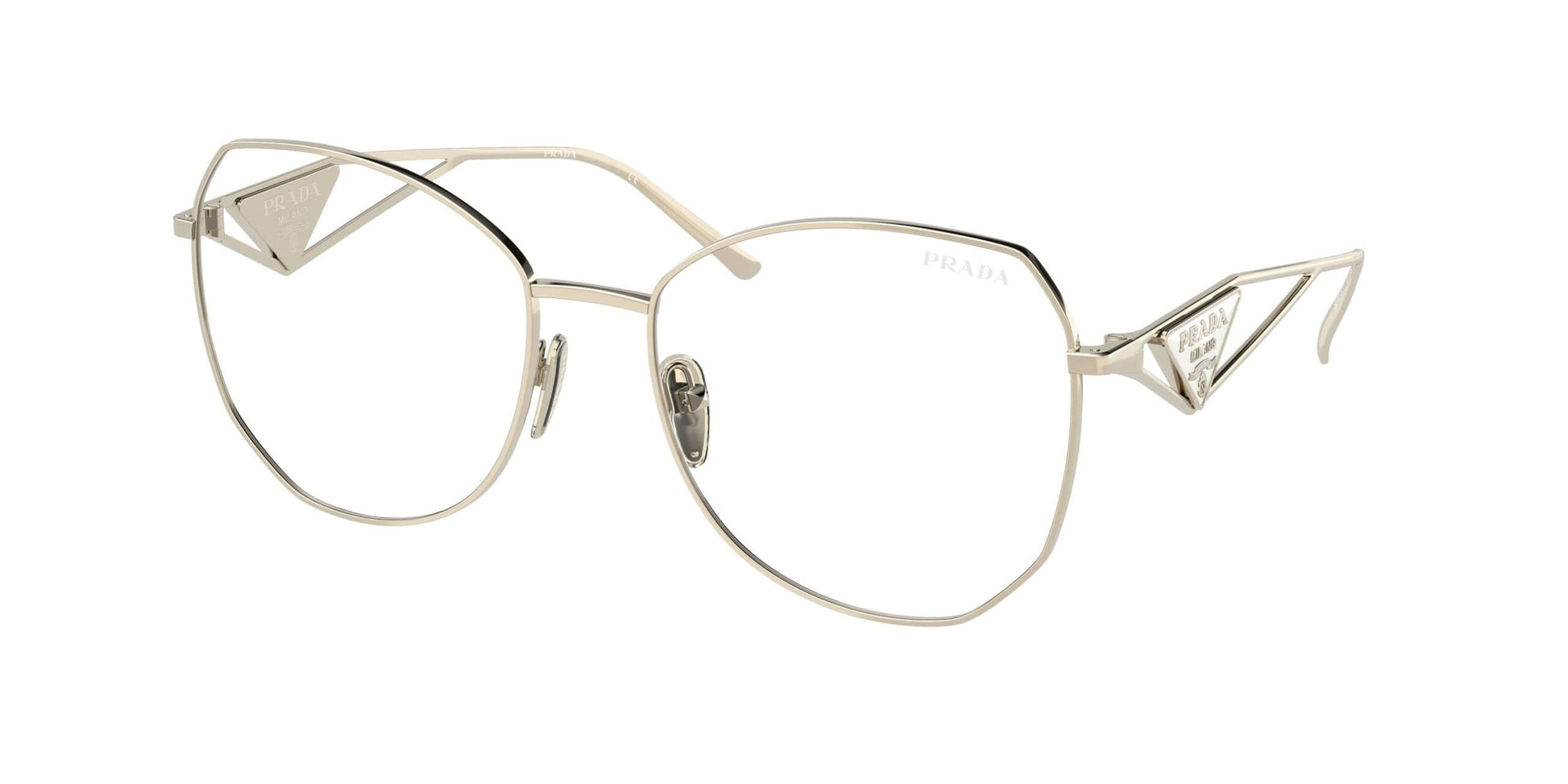 Stylish PRADA 0PR 57YS eyewear featuring a modern design with silver metal frame and unique geometric shapes.