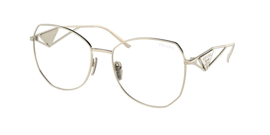 Stylish PRADA 0PR 57YS eyewear featuring a modern design with silver metal frame and unique geometric shapes.