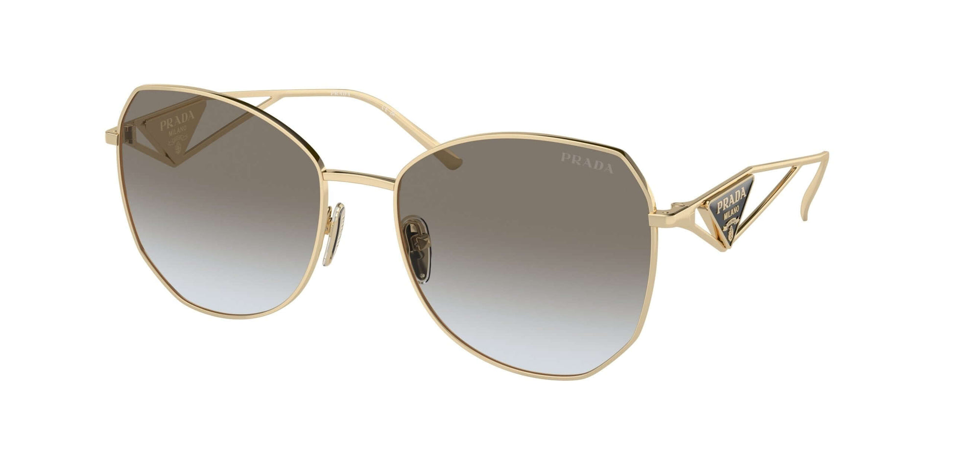 PRADA 0PR 57YS sunglasses featuring a bold gold frame and gradient lenses, showcasing luxury and style.