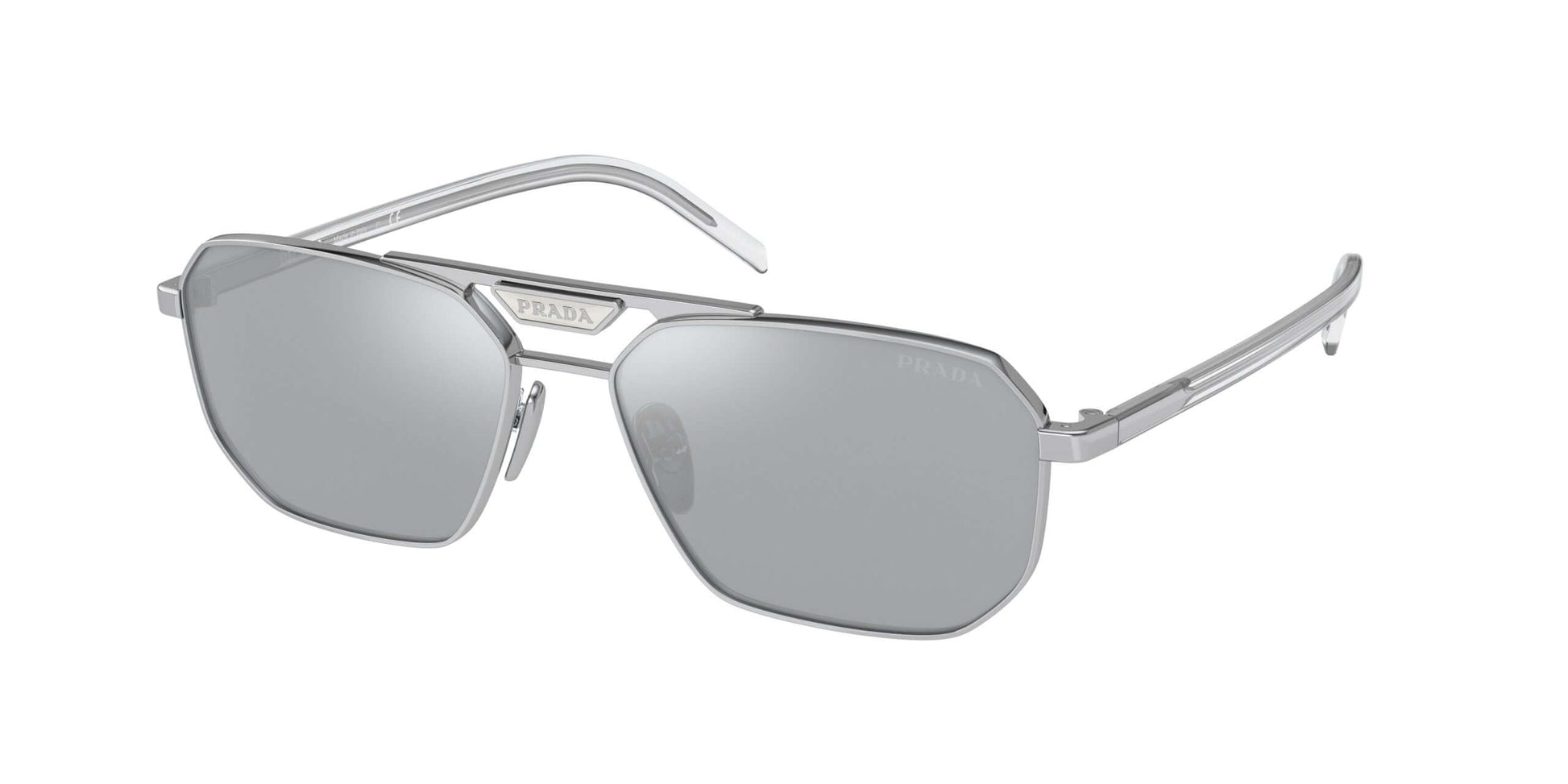 PRADA 0PR 58YS sunglasses with a sleek silver frame and gray lenses, perfect for stylish sun protection.