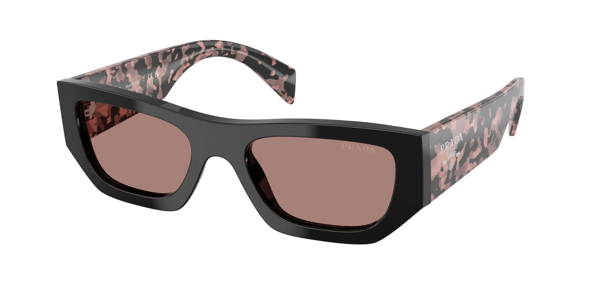 PRADA 0PR A01S sunglasses featuring a stylish black and pink camouflage design with brown lenses.