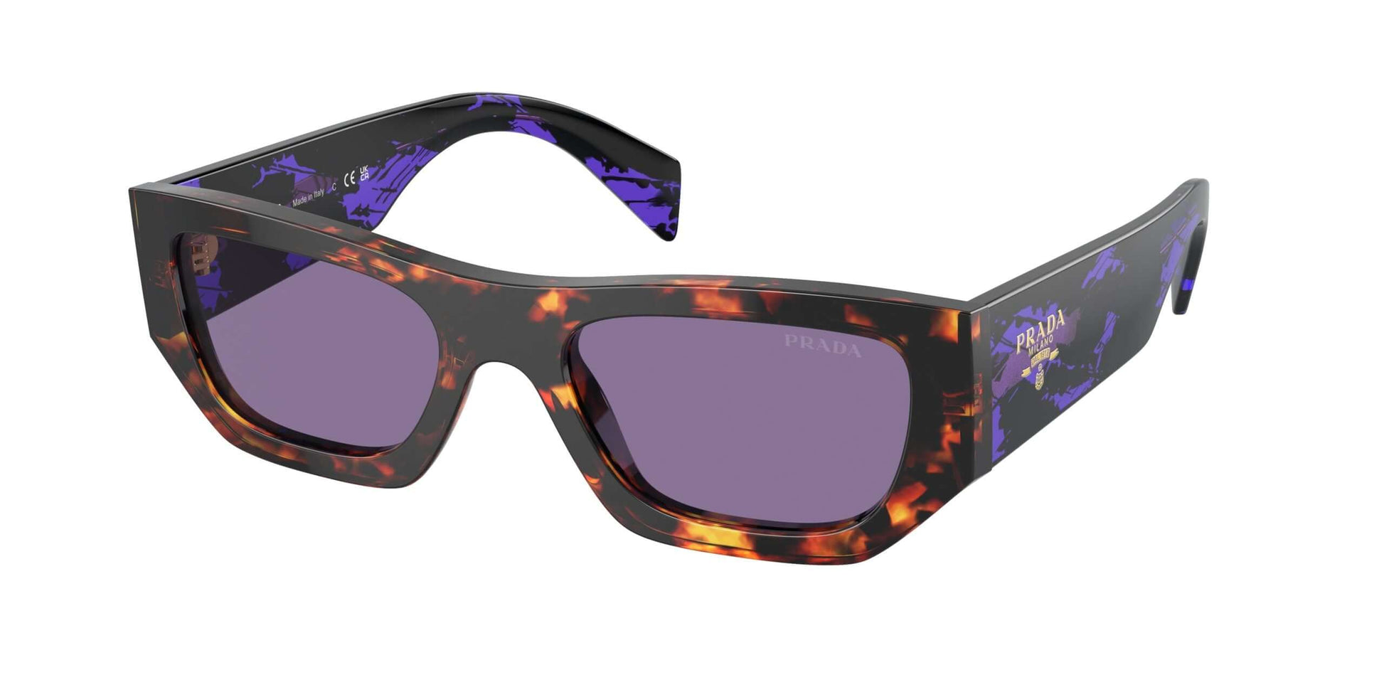 PRADA 0PR A01S sunglasses featuring a unique tortoiseshell and purple design, perfect for stylish sun protection.