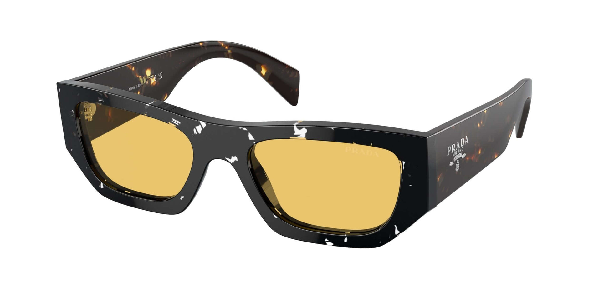 PRADA 0PR A01S sunglasses with yellow lenses and black speckled frames, showcasing luxury eyewear style.